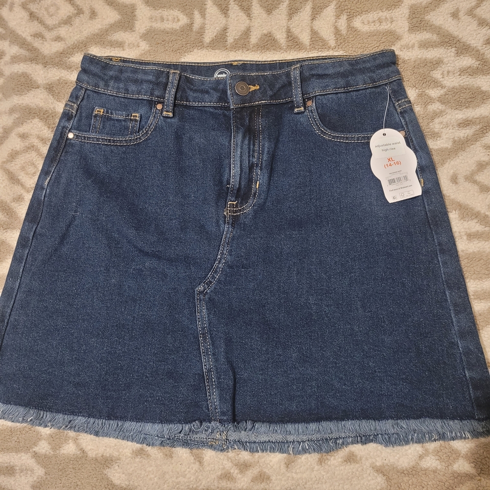wonder nation Dark Blue Denim A-Line Skirt with Frayed Hem